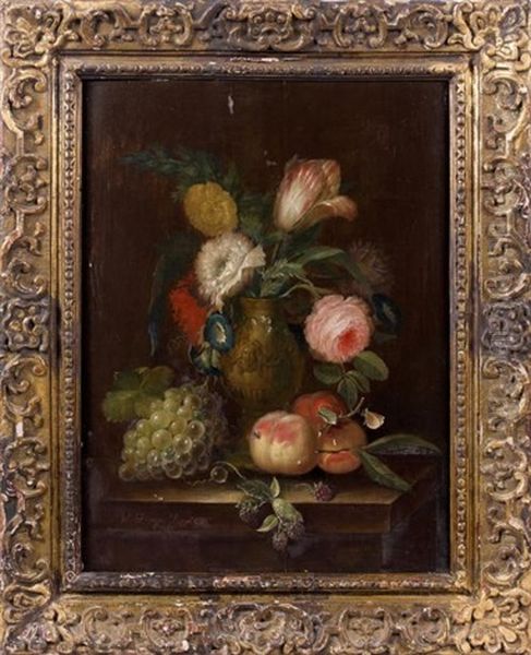 Nature Morte Au Bouquet De Tulipes Et Roses Dans Un Vase A L'antique, Grappe De Raisin, Peches, Framboises, Papillon Et Petits Insectes Sur Un Entablement De Pierre Oil Painting by Willem Frederik van Royen