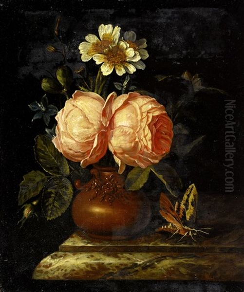 Roses In An Earthenware Vase On A Marble Ledge by Willem Frederik van Royen