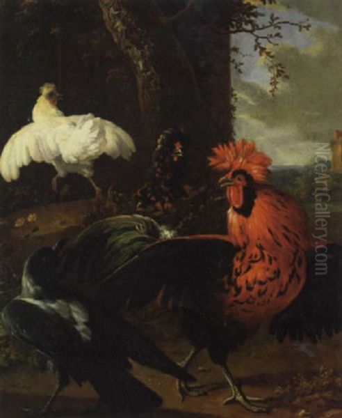 Cockerels, A Hen And A Crow In A Landscape Oil Painting by Willem Frederik van Royen