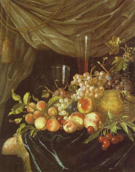 A Still Life Of A Glass Of Wine Beside A Facon De Venise Surrounded By Grapes, Peaches, Cherries And Melons On A Ledge Oil Painting by Willem Frederik van Royen