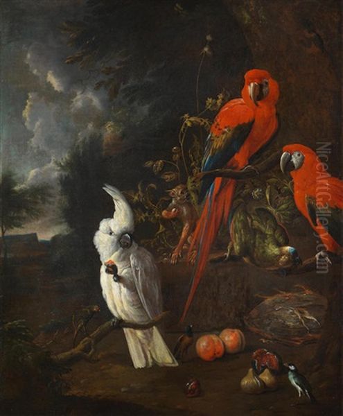 A Citron-crested Cockatoo, Two Red Macaws, A Green Parrot And A Marmoset, With Apples And Figs Oil Painting by Willem Van Royen