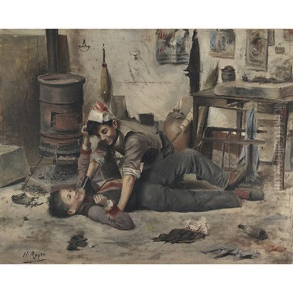 Young Boys Wrestling Oil Painting by Henri-Paul Royer