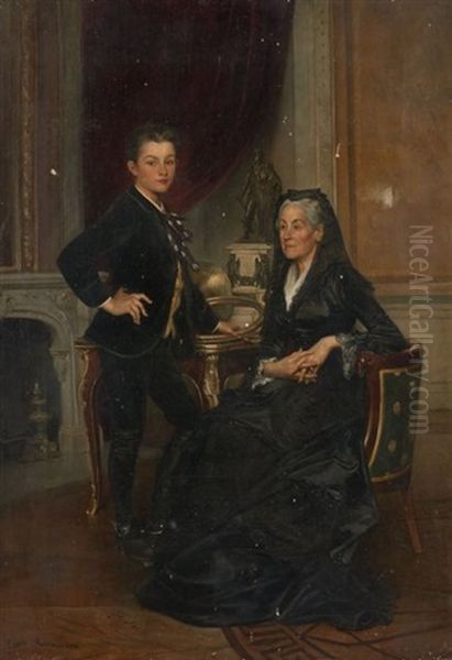 Portrait Presume De Caroline Oudinot Et D'un Jeune Homme Posant Devant La Statue Du Marechal Oudinot Oil Painting by Lionel Noel Royer