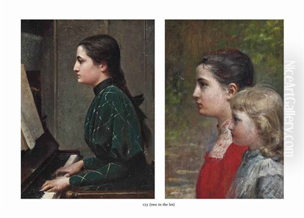 Playing A Tune On The Piano; A Study Of Two Girls In Profile (2 Works) Oil Painting by Lionel Noel Royer