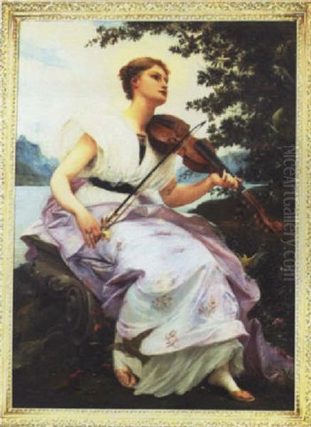 Muse In Violet With Violin Oil Painting by Lionel Noel Royer