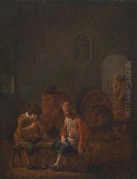 Card-playing And Carousing Peasants In A Vaulted Cellar Oil Painting by Andries Dirksz. Both