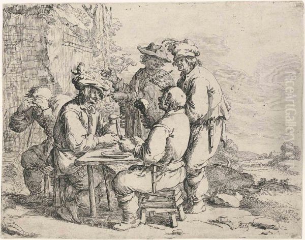 Three Peasants At The Table, With A Harlot Oil Painting by Andries Dirksz. Both