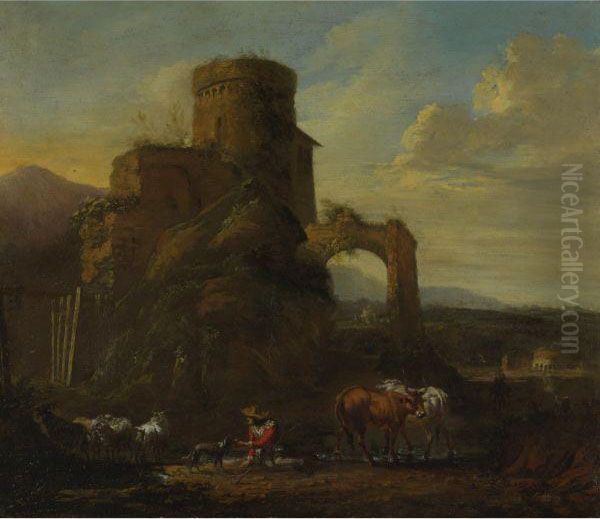 Pastoral Landscape With Ruins Oil Painting by Andries Dirksz. Both