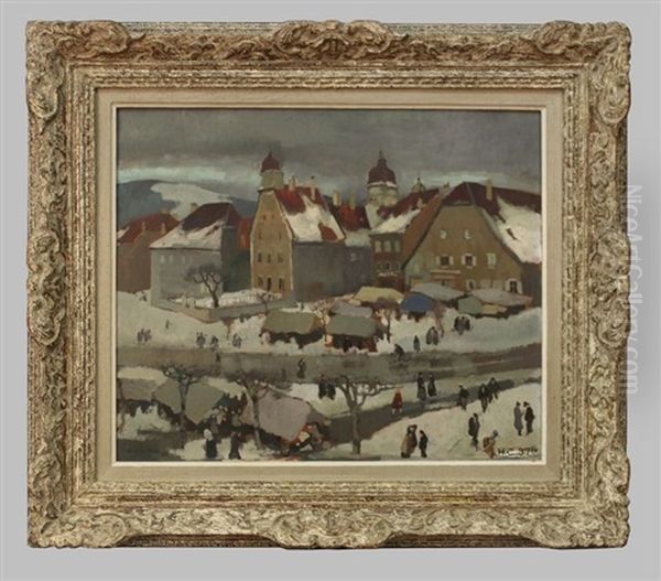 Marche En Hiver A Pontarlier Oil Painting by Andre Roz