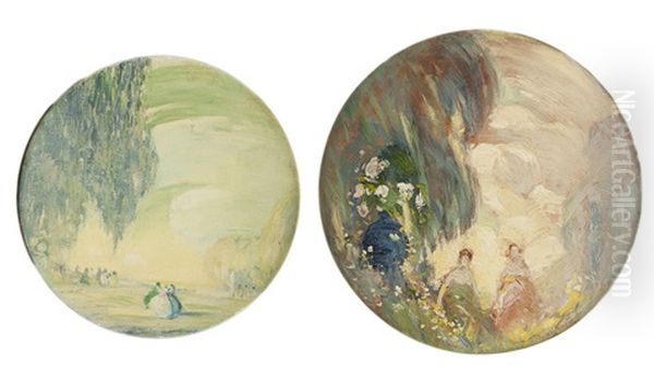 Two Works Of Impressionistic Landscapes With Figures In Round Frames Oil Painting by Arthur Dominique Rozaire