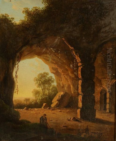 A Ruined Arcaded Grotto Oil Painting by Jan Both