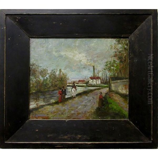 Untitled (figures Along Canal) Oil Painting by Arthur Dominique Rozaire