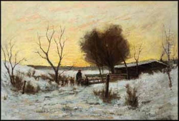 Shepherd And His Flock, Winter Oil Painting by Arthur Dominique Rozaire