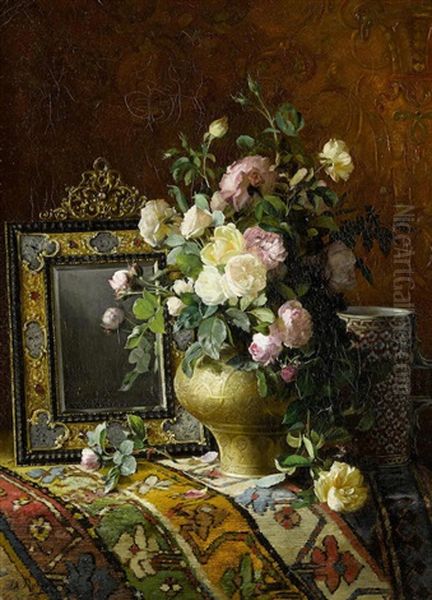 Nature Morte Au Bouquet Des Roses Dans Une Vase Ottomane Oil Painting by Dominique Hubert Rozier