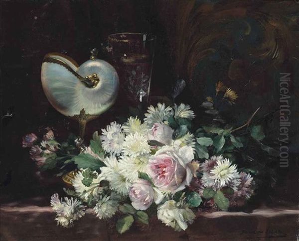 A Nautilus Shell, A Glass And A Bouquet Of Roses And Chrysanthemums On A Ledge Oil Painting by Dominique Hubert Rozier