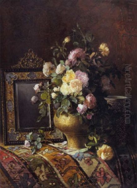 Nature Morte Au Bouquet De Roses Dans Un Vase En Cuivre Ottoman Etiznik Sur Un Tamis Oushak Oil Painting by Dominique Hubert Rozier