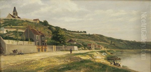 Vue D'une Eglise Et Maisons Au Bord D'un Fleuve Oil Painting by Jules Charles Rozier