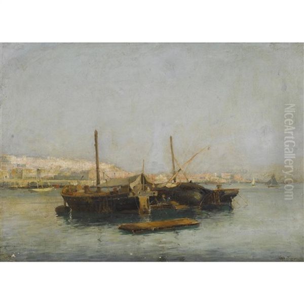 Mittelmeerhafen Mit Ankernden Fischerbooten Oil Painting by Jules Charles Rozier