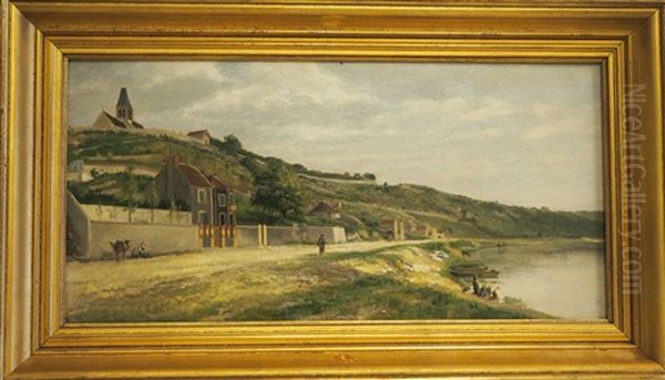 Vue D'une Eglise Et Maisons Au Bord D'un Fleuve Oil Painting by Jules Charles Rozier