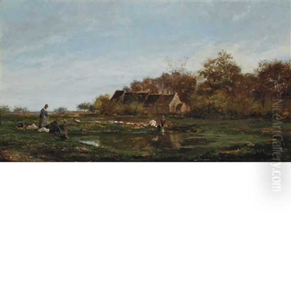 Washerwomen By A Stream Oil Painting by Jules Charles Rozier