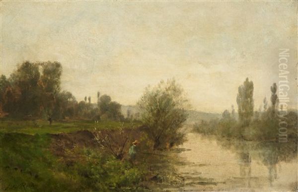 Pecheur En Bord De Seine Oil Painting by Jules Charles Rozier