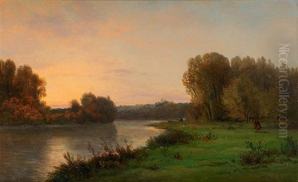 Bord De Riviere Au Crepuscule Oil Painting by Jules Charles Rozier