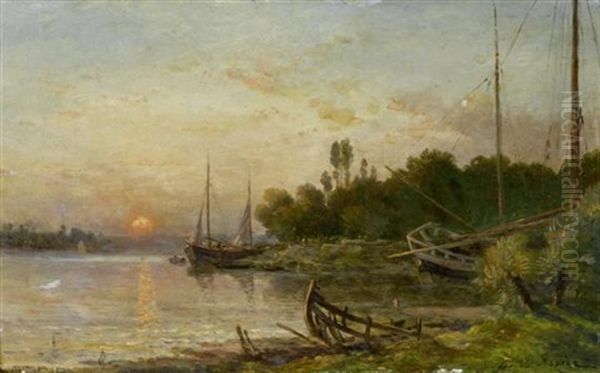 Flusslandschaft Mit Booten Im Sonnenuntergang Oil Painting by Jules Charles Rozier