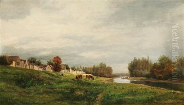 Troupeau Pres D'un Village A La Riviere Oil Painting by Jules Charles Rozier