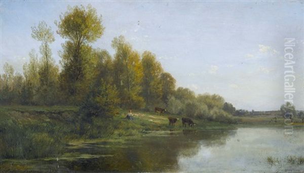 Hirtin Mit Kuhen Am Sommerlichen Weiher Oil Painting by Jules Charles Rozier