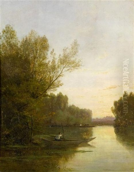 Weite Flusslandschaft Mit Einem Fischer Auf Seinem Boot Oil Painting by Jules Charles Rozier