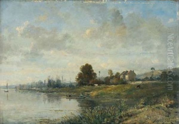 Bords De Riviere A La Barque Oil Painting by Jules Charles Rozier