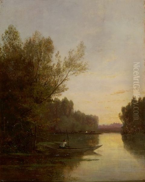 Boot In Abendstimmung Am Fluss Oil Painting by Jules Charles Rozier