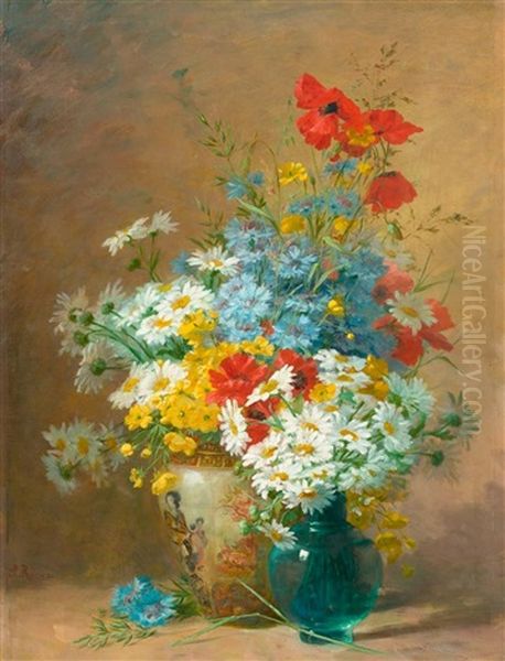 Zwei Blumenstrausse In Glas- Und Keramikvase Oil Painting by Jules Charles Rozier