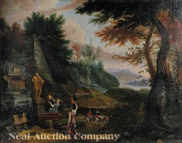 An Extensive Coastal Landscape, With Figures And Classical Monuments Oil Painting by Jules Charles Rozier