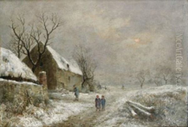 Silhouettes Pres D'une Chaumiere En Hiver Oil Painting by Jules Charles Rozier