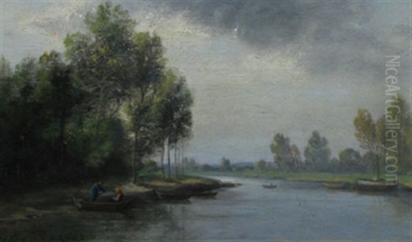 A River Scene (+ Cattle In A Landscape; 2 Works) Oil Painting by Jules Charles Rozier