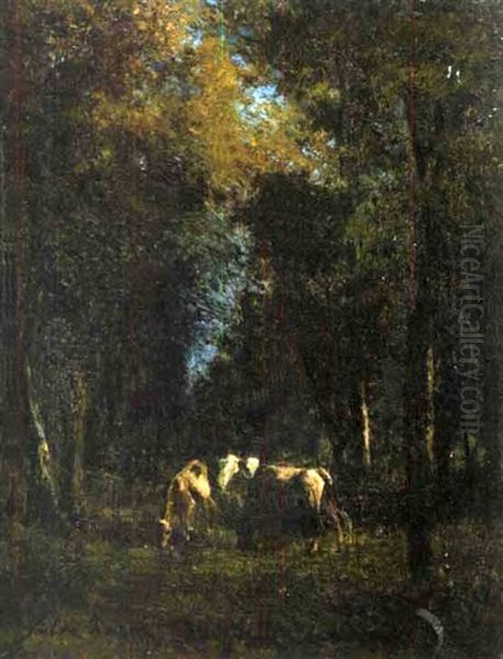 Vaches Et Chevaux En Foret Oil Painting by Jules Charles Rozier