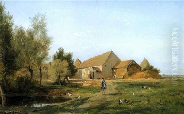 La Ferme Du Pere Chicore A Barbizon Oil Painting by Jules Charles Rozier