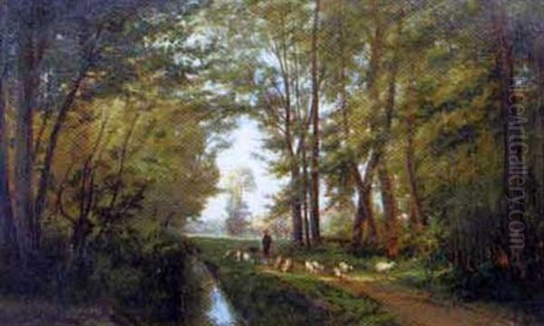 Troupeau De Moutons Pres De Ruisseau A L'entree De La Foret Oil Painting by Jules Charles Rozier