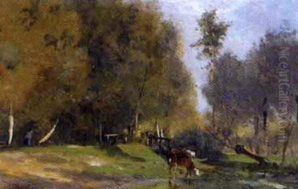 Vache S'abreuvant A Une Mare A La Lisiere De La Foret Oil Painting by Jules Charles Rozier