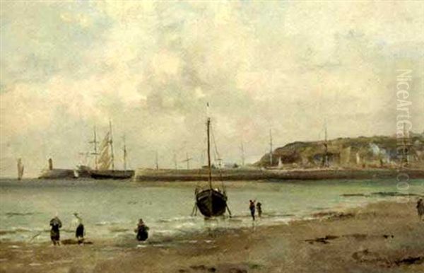 Granville, Barque Et Pecheurs Sur La Greve Oil Painting by Jules Charles Rozier