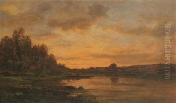 Sunset Over River With Barge And Figure Oil Painting by Jules Charles Rozier