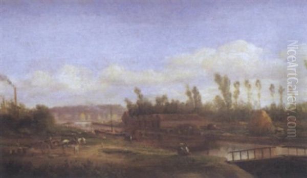 Paysans Pres Du Canal Oil Painting by Jules Charles Rozier