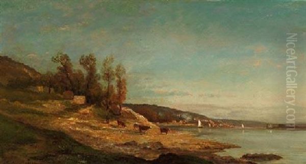 Kuhhirte Und Herde In Nordfranzosischer Fluslandschaft Oil Painting by Jules Charles Rozier