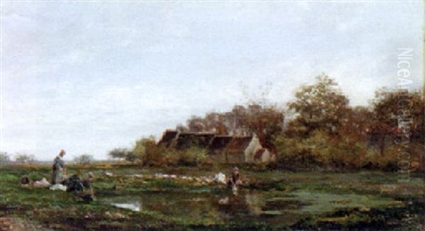 Washerwomen By The Stream Oil Painting by Jules Charles Rozier