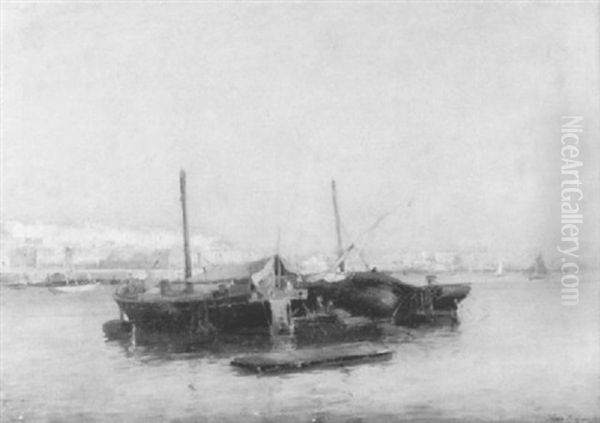 Mittelmeerhafen Mit Ankernden Fischerbooten Oil Painting by Jules Charles Rozier