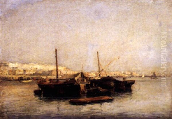 Mittelmeerhafen Mit Ankernden Fischerbooten Oil Painting by Jules Charles Rozier