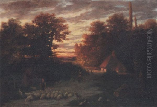 Hirtenszene Bei Sonnenuntergang Oil Painting by Jules Charles Rozier