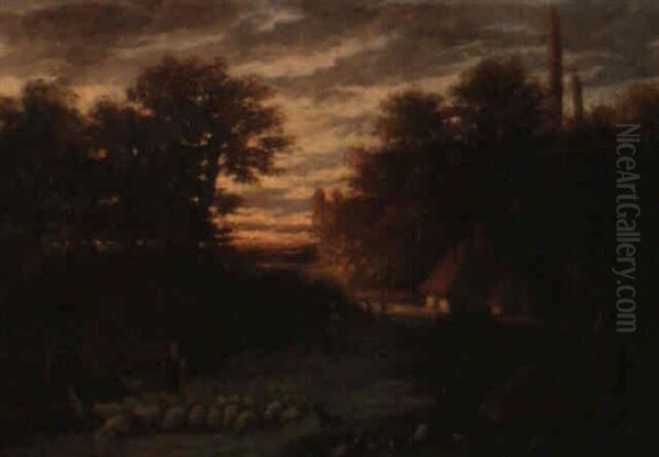 Hirten Mit Ihrer Schafherde Bei Sonnenuntergang Oil Painting by Jules Charles Rozier