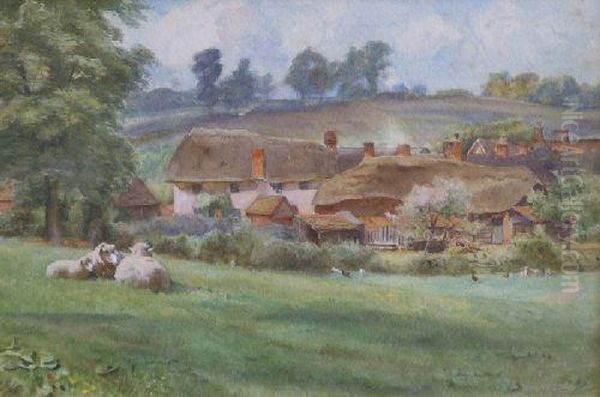 Landscape Withthatched Cottages And Sheep In Foreground Oil Painting by Walter Bothams